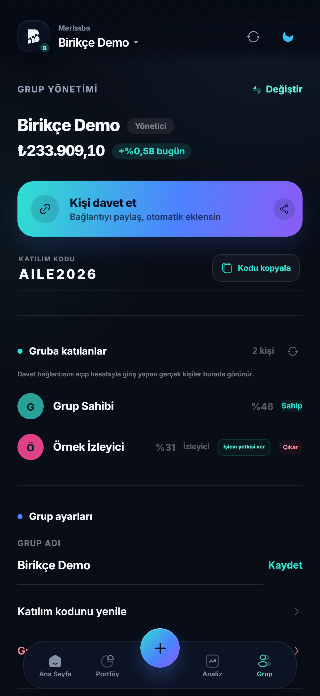 Birikçe grup yönetimi ekranı