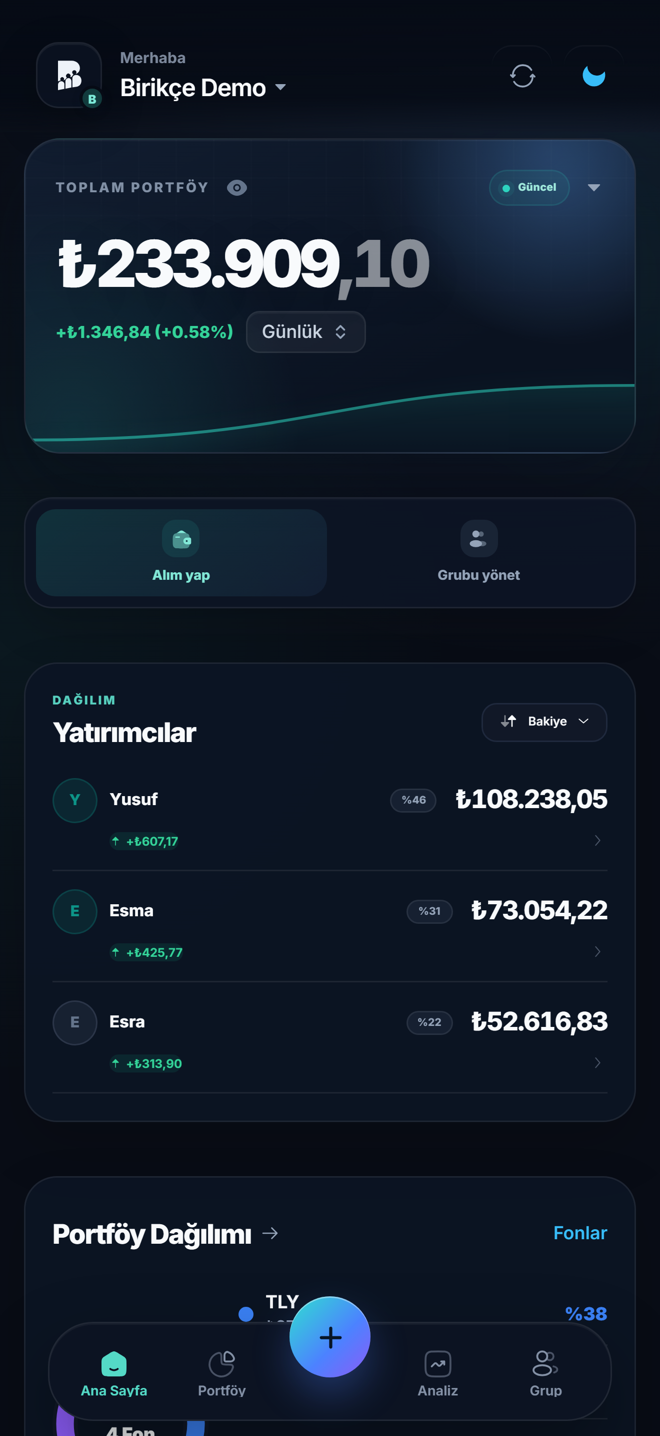 Birikçe ortak portföy ana ekranı